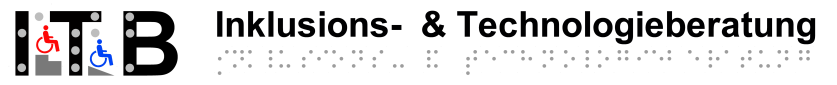 ITB-Logo mit sichtbarer Brailleschrift in den Buchstaben I,T und B sowie zwei integrierten Icons zweier Rollstuhlfahrer oberhalb einer hohen Stufe und auf einer Rampe